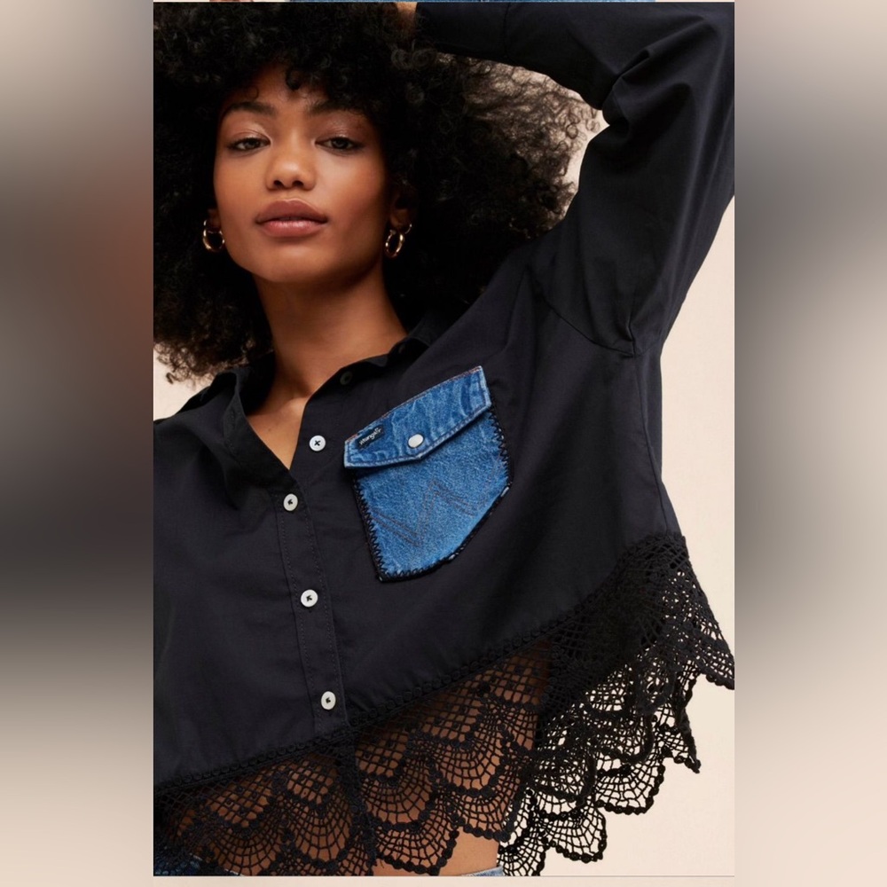 Tricia Fix Black and Blue Button Down Shirt with Lace - Picture 2 of 4